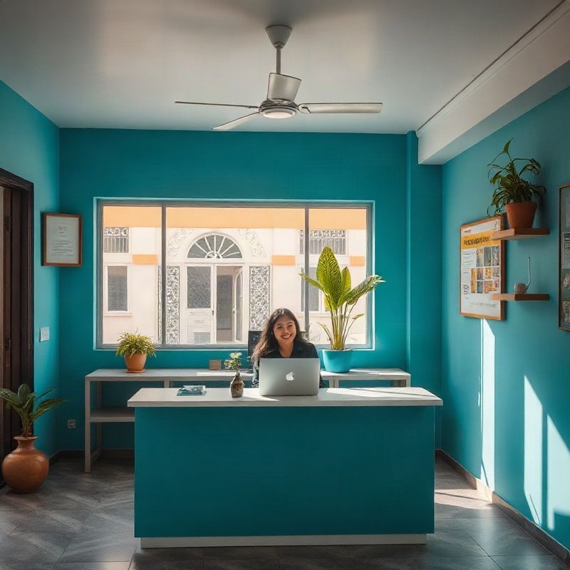 Recepção acolhedora da Languagecanvasv em Fortaleza, com decoração teal-moderna