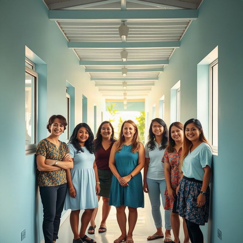 Equipe de educadores da Languagecanvasv em um corredor teal-moderno da escola em Fortaleza